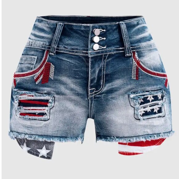 FLAMINGALS American Flag Patched Button Fly Cut Out Denim Shorts XL BNWT - Picture 3 of 8